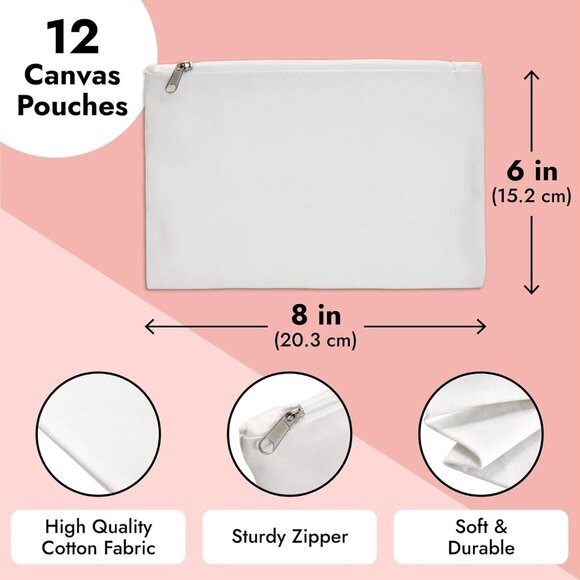 Canvas Pencil Case Pouch Set - 12-Pack, 8 x 6 in, Off White - Canvas Zip Pouches - Picture 3 of 9